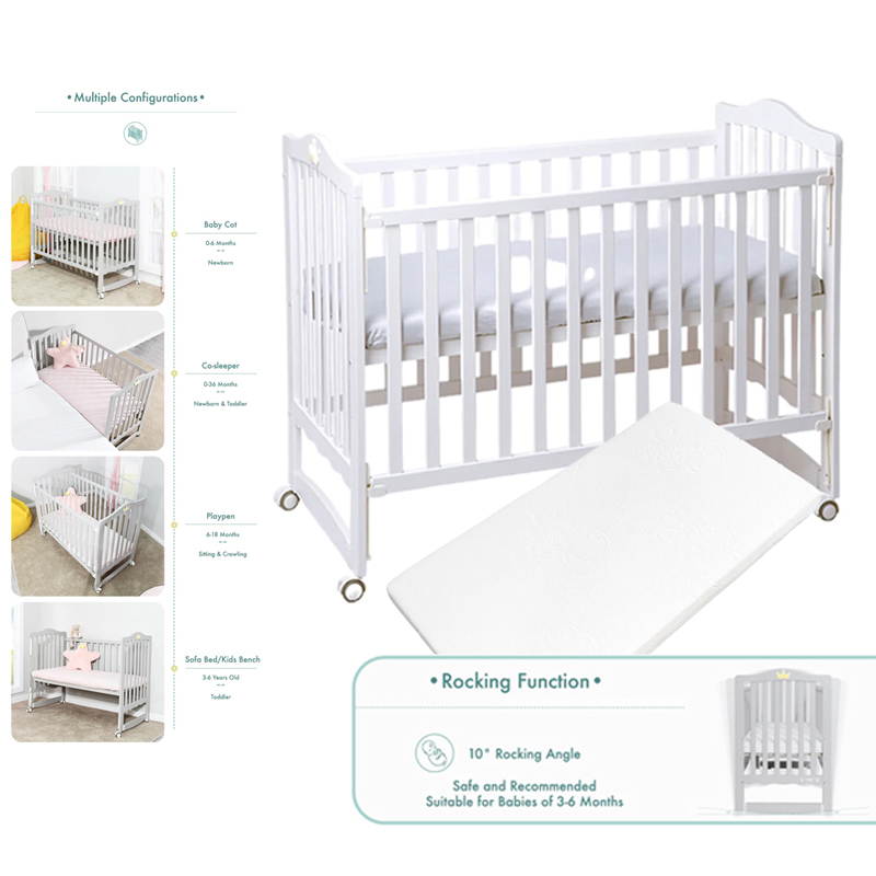 Palette Box BIGGEST BUNDLES: Sweet Dreams 7-in-1 Convertible Baby Cot (with Rocker) + Mattress/Accessories